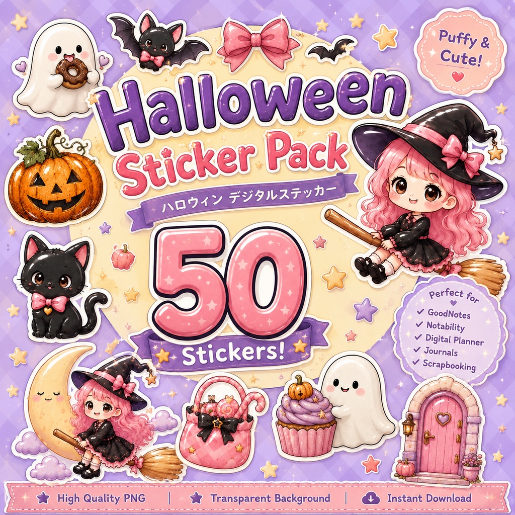 ぷくぷくシール風 ハロウィンデジタルステッカー|かわいいゴースト 魔女 黒猫 パンプキン GoodNotes対応 PNG素材