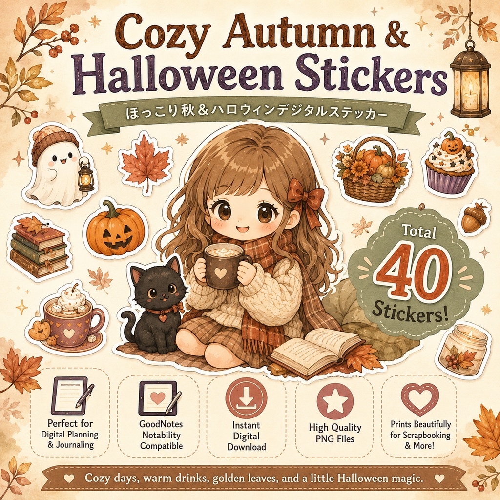 ほっこり秋＆ハロウィンデジタルステッカー40枚 GoodNotes対応 秋の手帳デコ ジャーナリング PNG素材