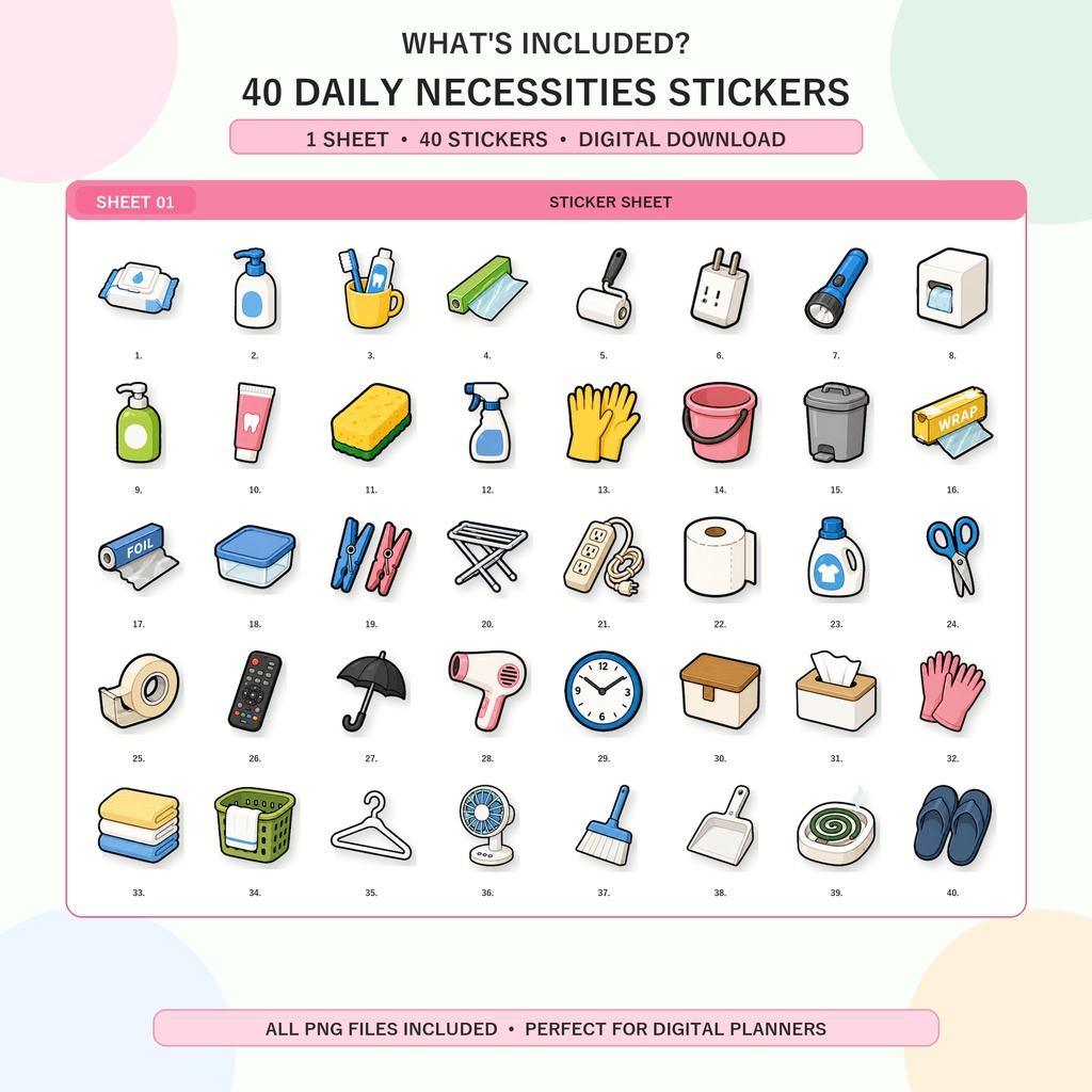日用品デジタルステッカー40枚セット 家事 掃除 洗濯 収納 GoodNotes Notability対応 PNG素材