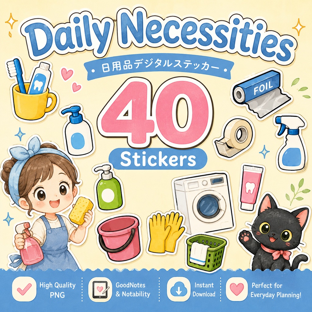 日用品デジタルステッカー40枚セット 家事 掃除 洗濯 収納 GoodNotes Notability対応 PNG素材