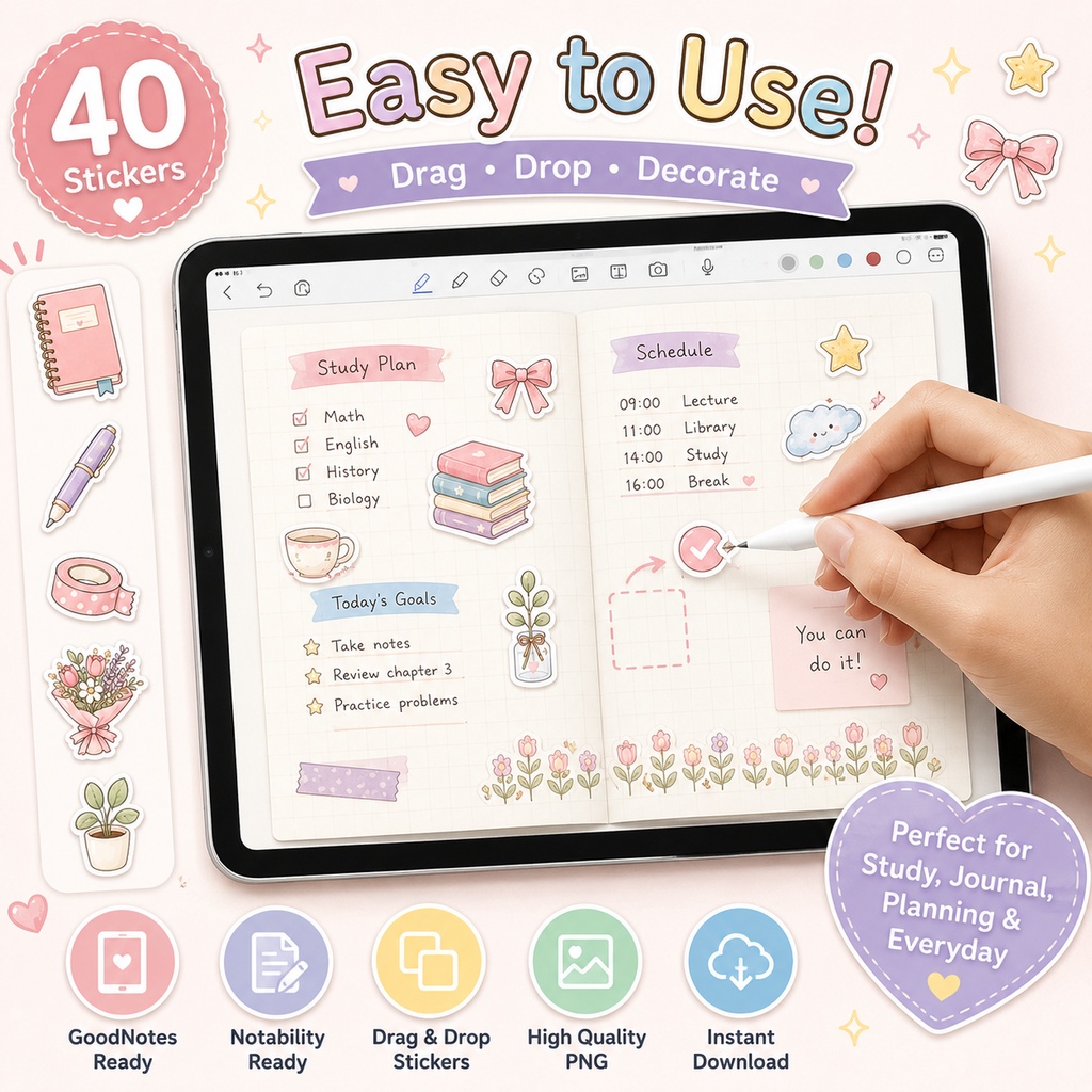 かわいいノートデコデジタルステッカー40枚 GoodNotes Notability対応 勉強ノート 手帳 日記 ライフログ iPadデコ素材