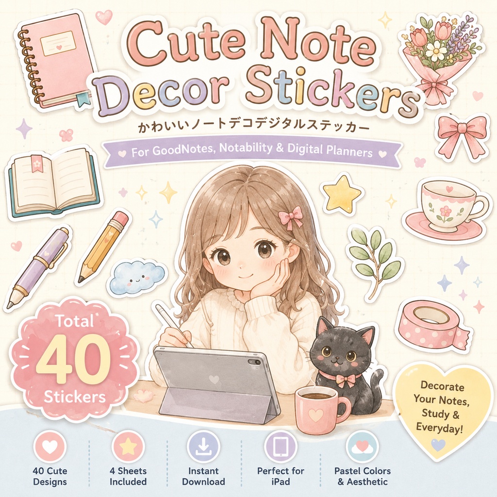 かわいいノートデコデジタルステッカー40枚 GoodNotes Notability対応 勉強ノート 手帳 日記 ライフログ iPadデコ素材