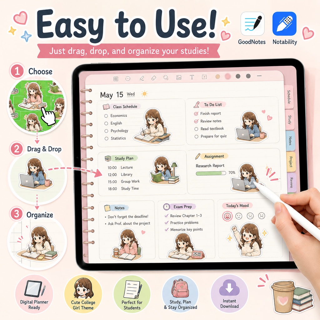 大学生の勉強管理デジタルステッカー GoodNotes対応 iPad学習手帳 課題 試験 スケジュール管理 40枚セット