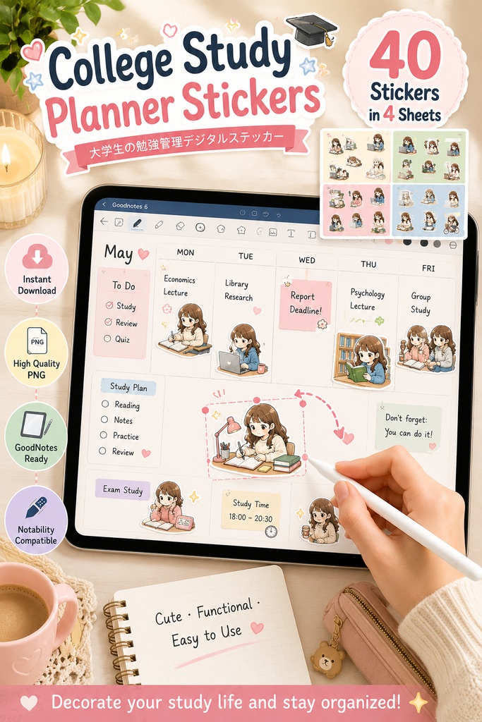 大学生の勉強管理デジタルステッカー GoodNotes対応 iPad学習手帳 課題 試験 スケジュール管理 40枚セット