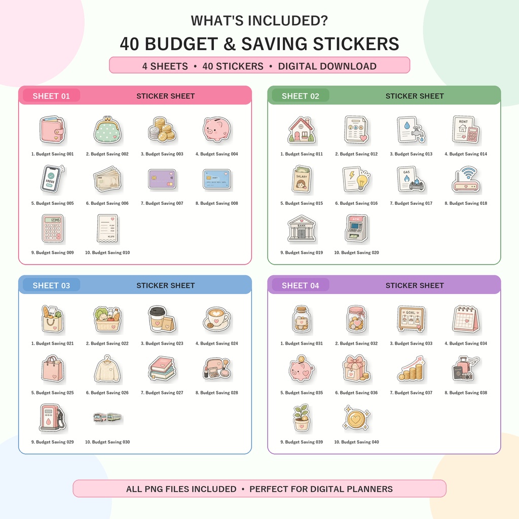 家計・貯金管理デジタルステッカー GoodNotes対応 家計簿 デジタル手帳 節約 貯金管理 iPad用 全40枚|PNGイラスト素材
