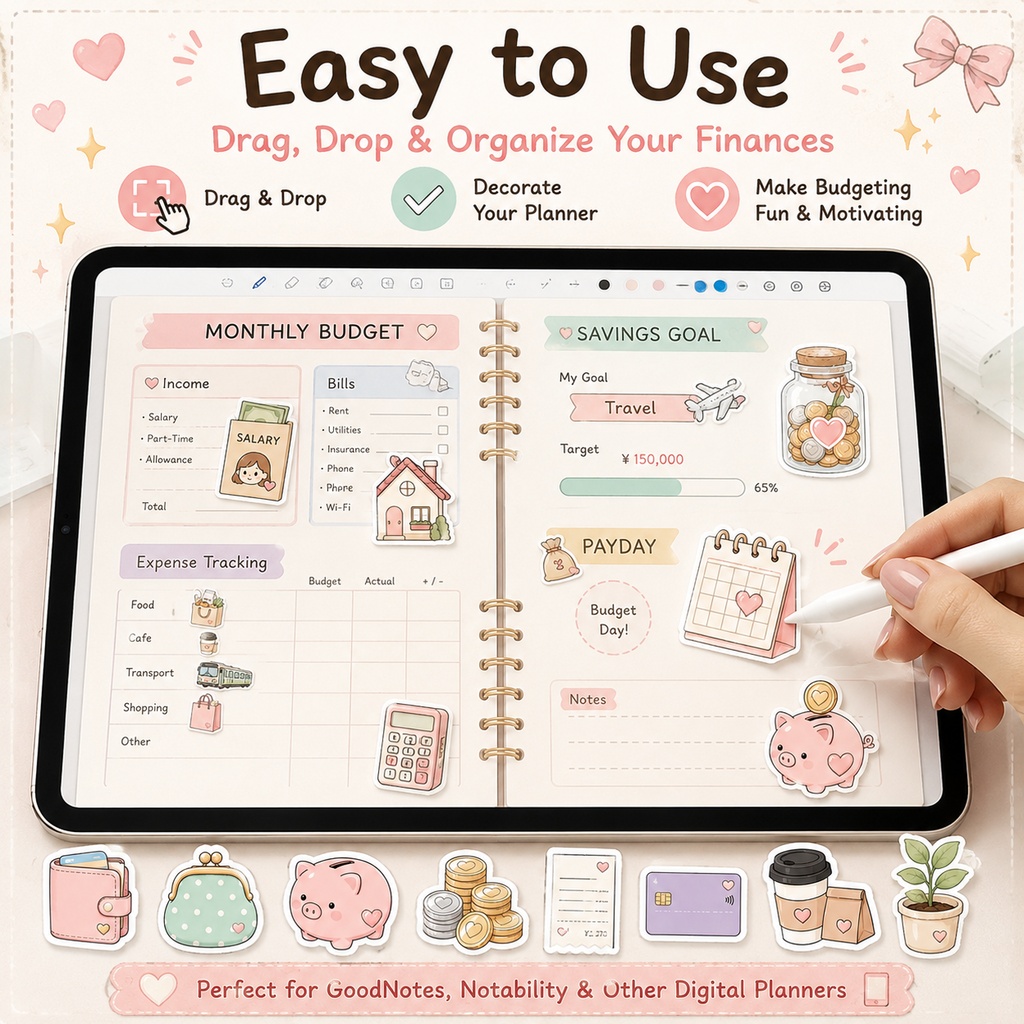 家計・貯金管理デジタルステッカー GoodNotes対応 家計簿 デジタル手帳 節約 貯金管理 iPad用 全40枚|PNGイラスト素材