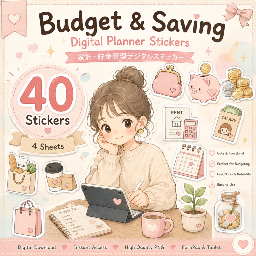家計・貯金管理デジタルステッカー GoodNotes対応 家計簿 デジタル手帳 節約 貯金管理 iPad用 全40枚|PNGイラスト素材