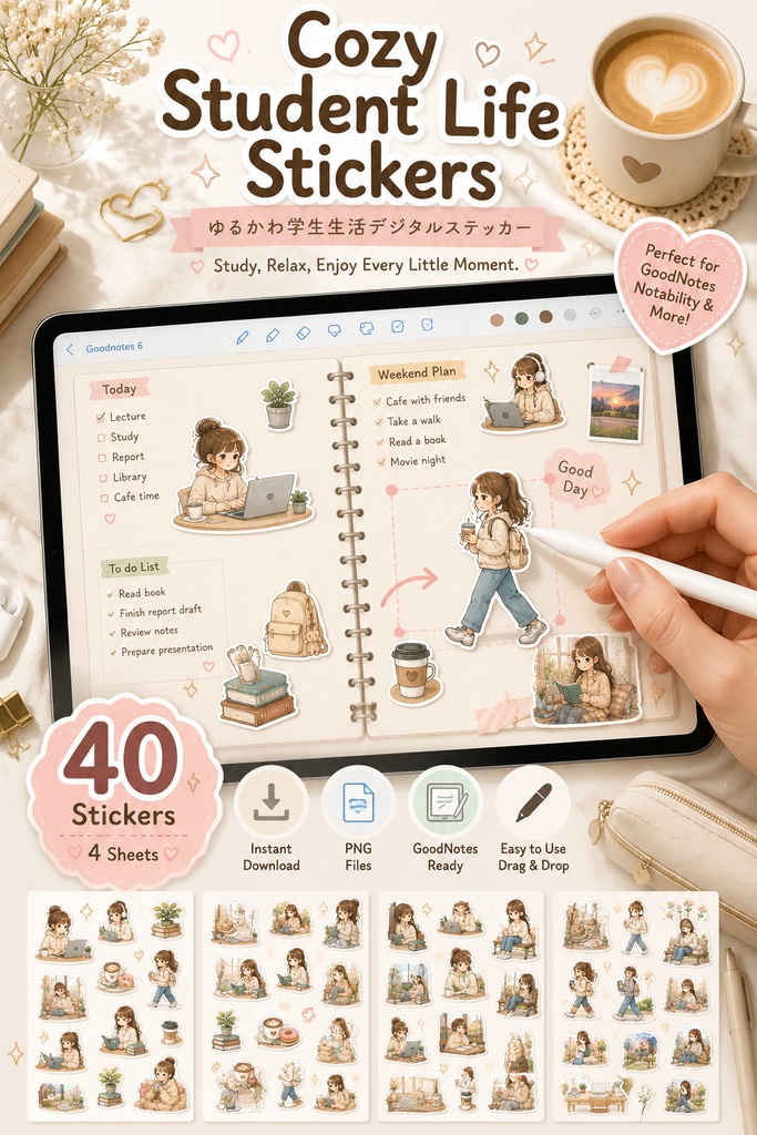 ゆるかわ学生生活デジタルステッカー 40枚 GoodNotes対応 女子大生向け 手帳デコ カフェ 勉強 ライフログ