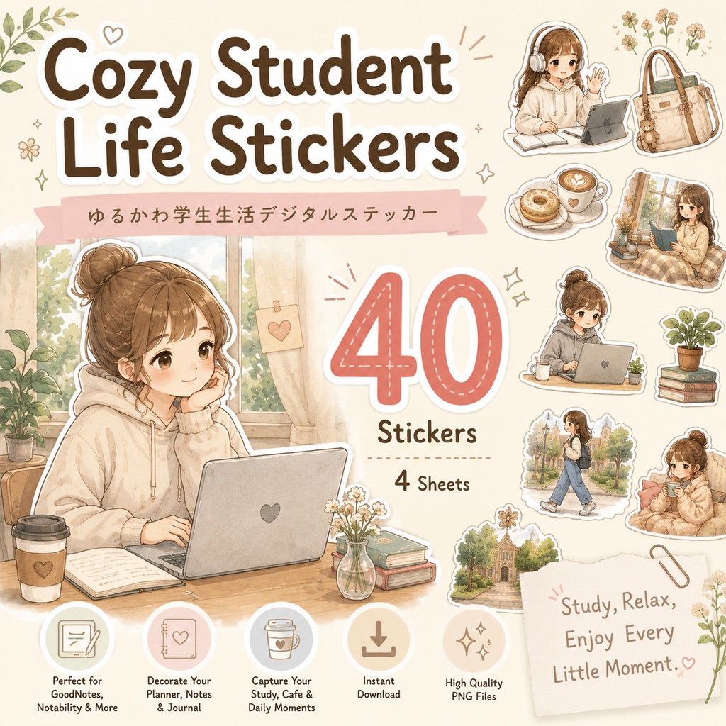 ゆるかわ学生生活デジタルステッカー 40枚 GoodNotes対応 女子大生向け 手帳デコ カフェ 勉強 ライフログ