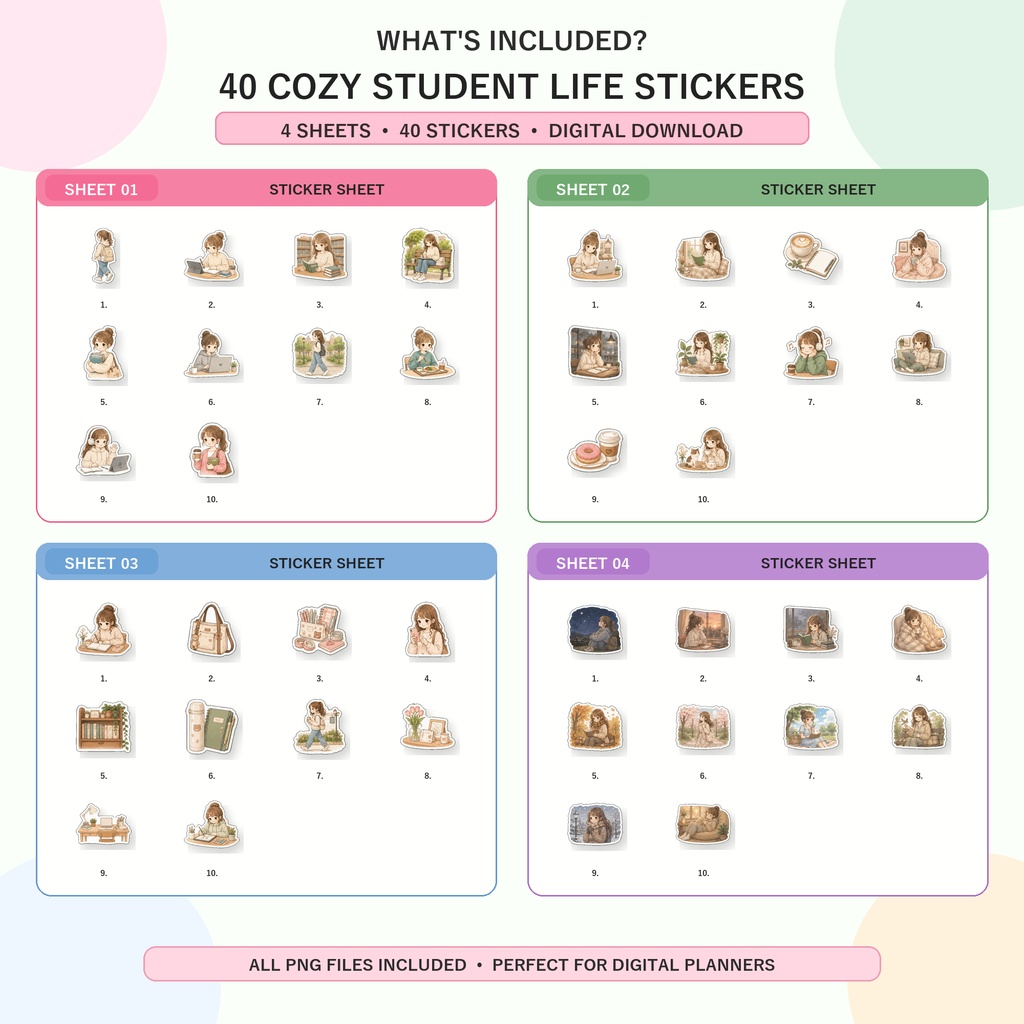 ゆるかわ学生生活デジタルステッカー 40枚 GoodNotes対応 女子大生向け 手帳デコ カフェ 勉強 ライフログ
