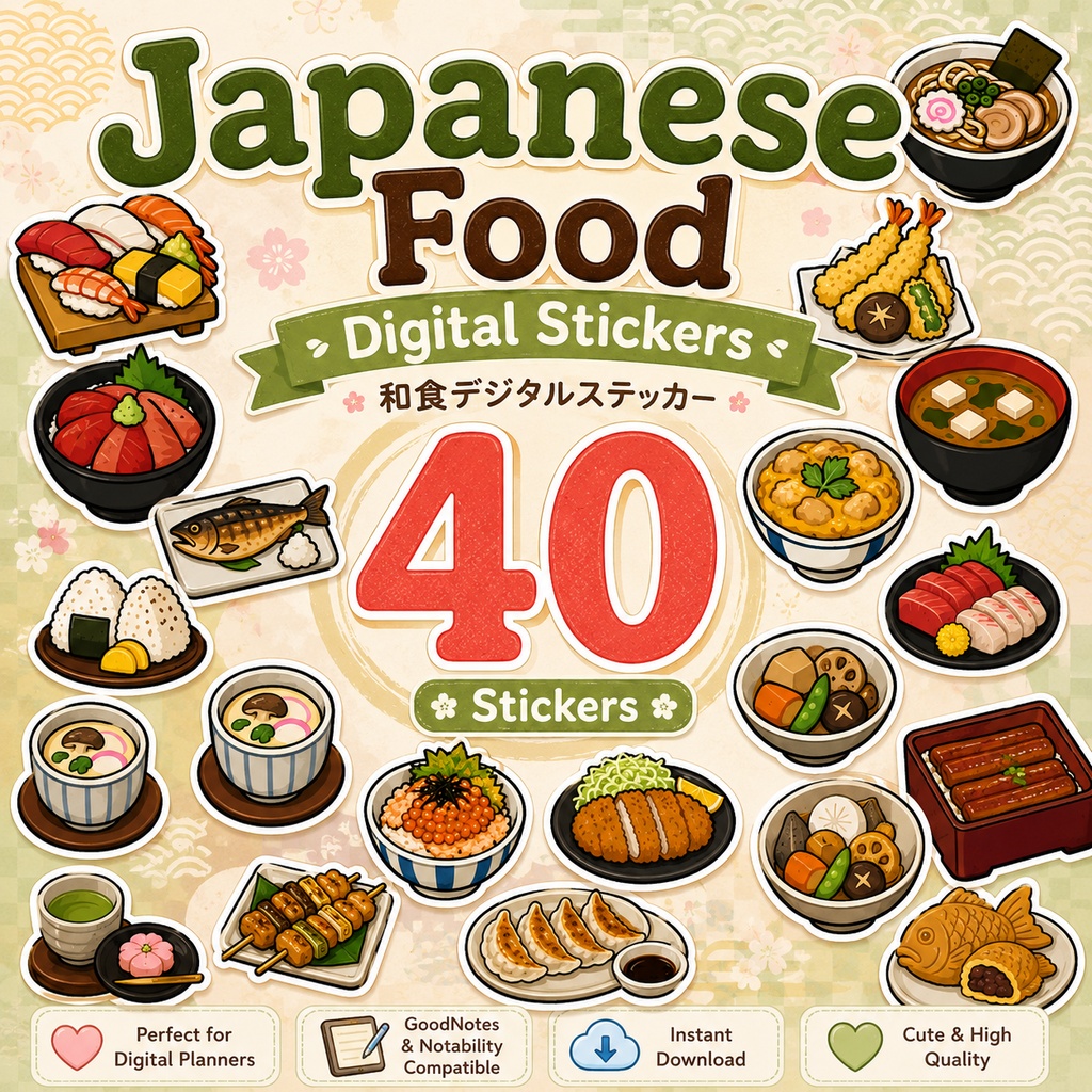 和食デジタルステッカー40枚 寿司 ラーメン 天ぷら おにぎり PNG GoodNotes Notability対応 手帳デコ素材