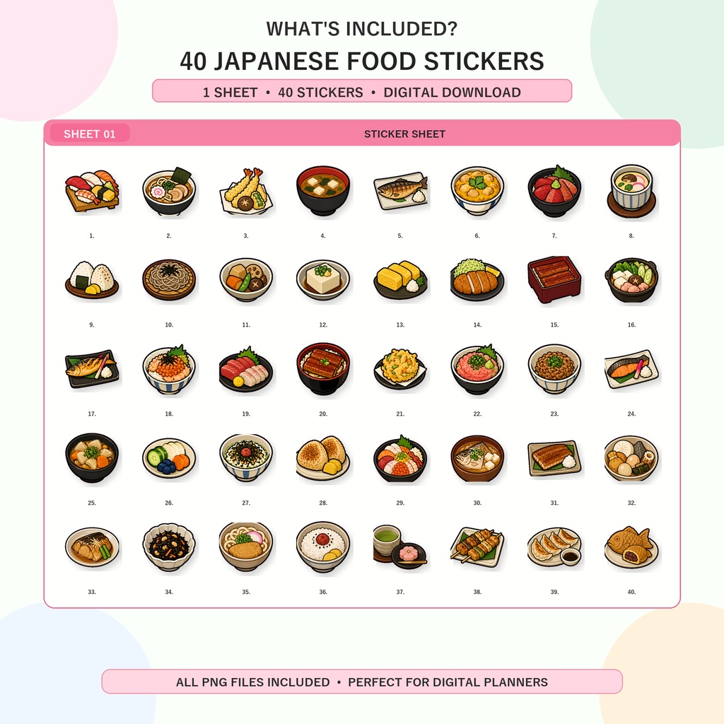 和食デジタルステッカー40枚 寿司 ラーメン 天ぷら おにぎり PNG GoodNotes Notability対応 手帳デコ素材