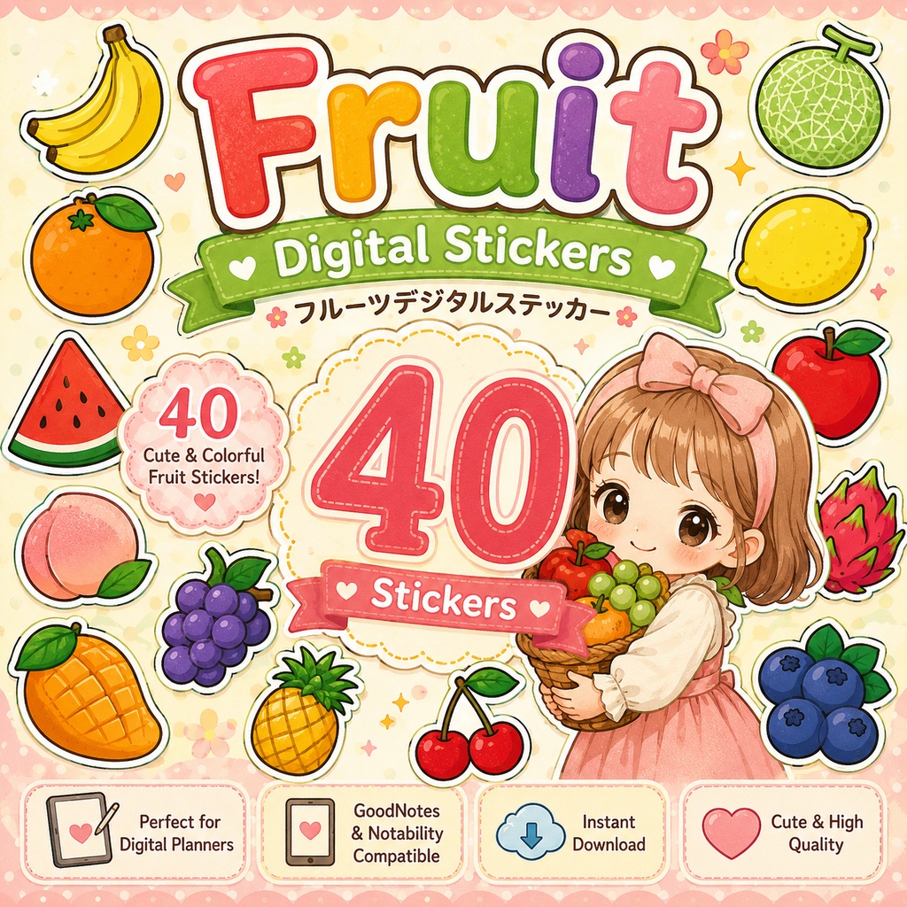 フルーツデジタルステッカー40枚 かわいい果物PNG GoodNotes Notability対応 手帳デコ デジタルプランナー素材