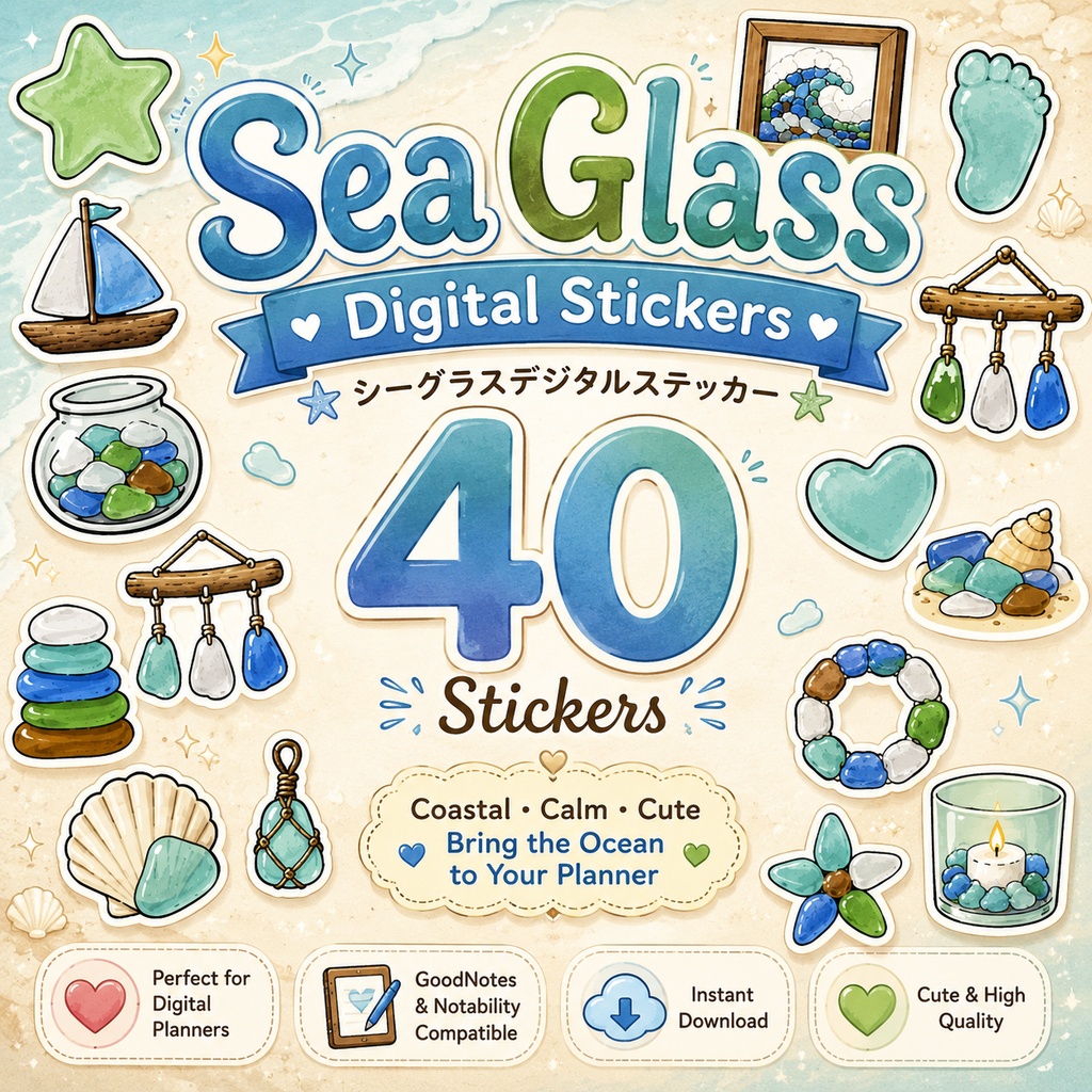 シーグラスデジタルステッカー40枚 海モチーフ PNG GoodNotes Notability対応 手帳デコ デジタルプランナー素材
