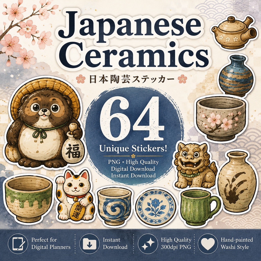 日本陶芸デジタルステッカー64枚|和食器・湯のみ・抹茶茶碗・招き猫・信楽たぬき・和風プランナーステッカーPNG素材