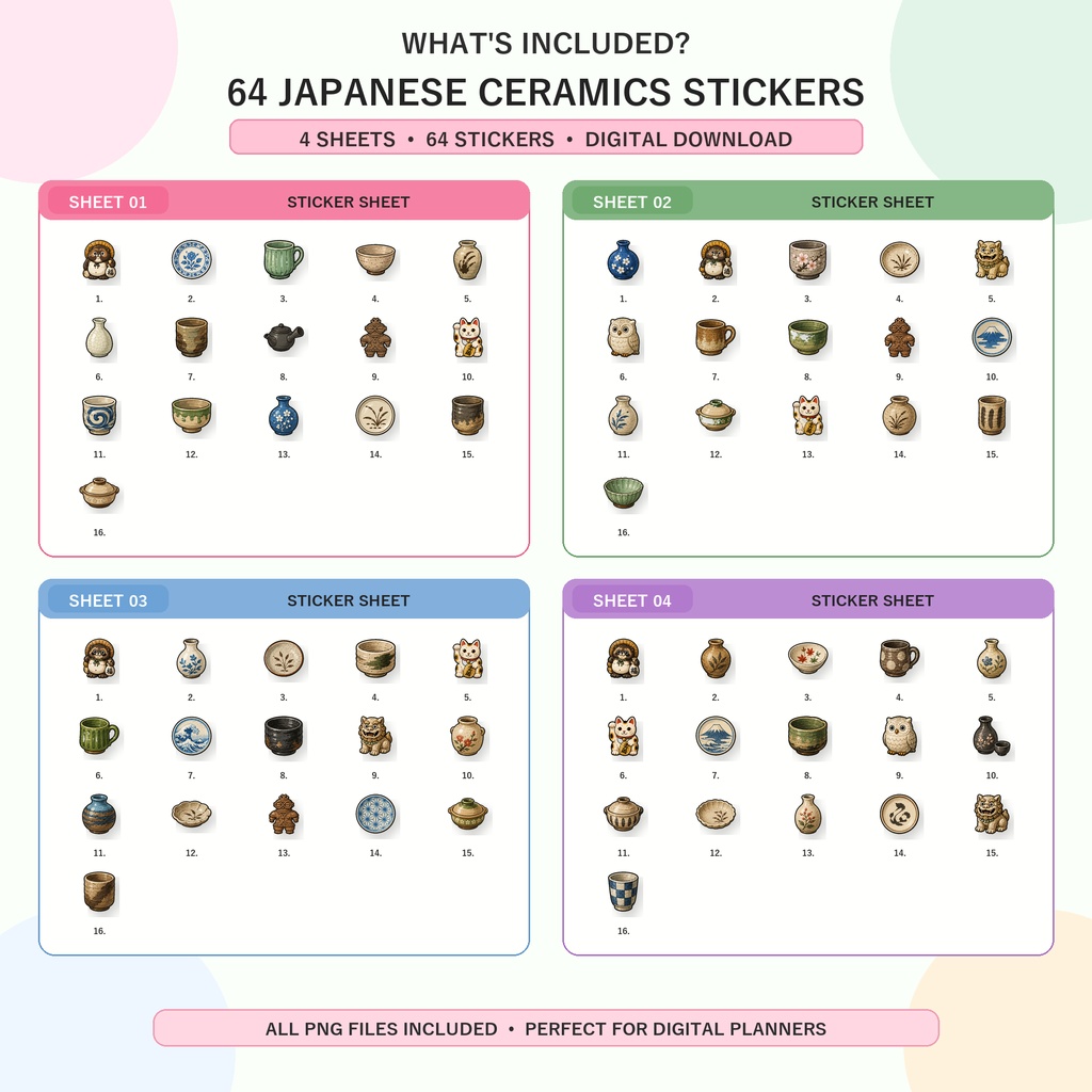 日本陶芸デジタルステッカー64枚|和食器・湯のみ・抹茶茶碗・招き猫・信楽たぬき・和風プランナーステッカーPNG素材