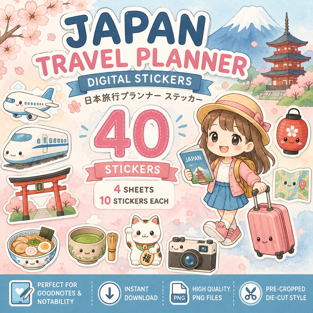 Japan Travel Planner デジタルステッカー40枚 GoodNotes対応 日本旅行プランナー 日本モチーフ 旅行手帳 ステッカー素材