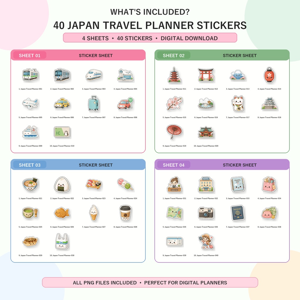 Japan Travel Planner デジタルステッカー40枚 GoodNotes対応 日本旅行プランナー 日本モチーフ 旅行手帳 ステッカー素材