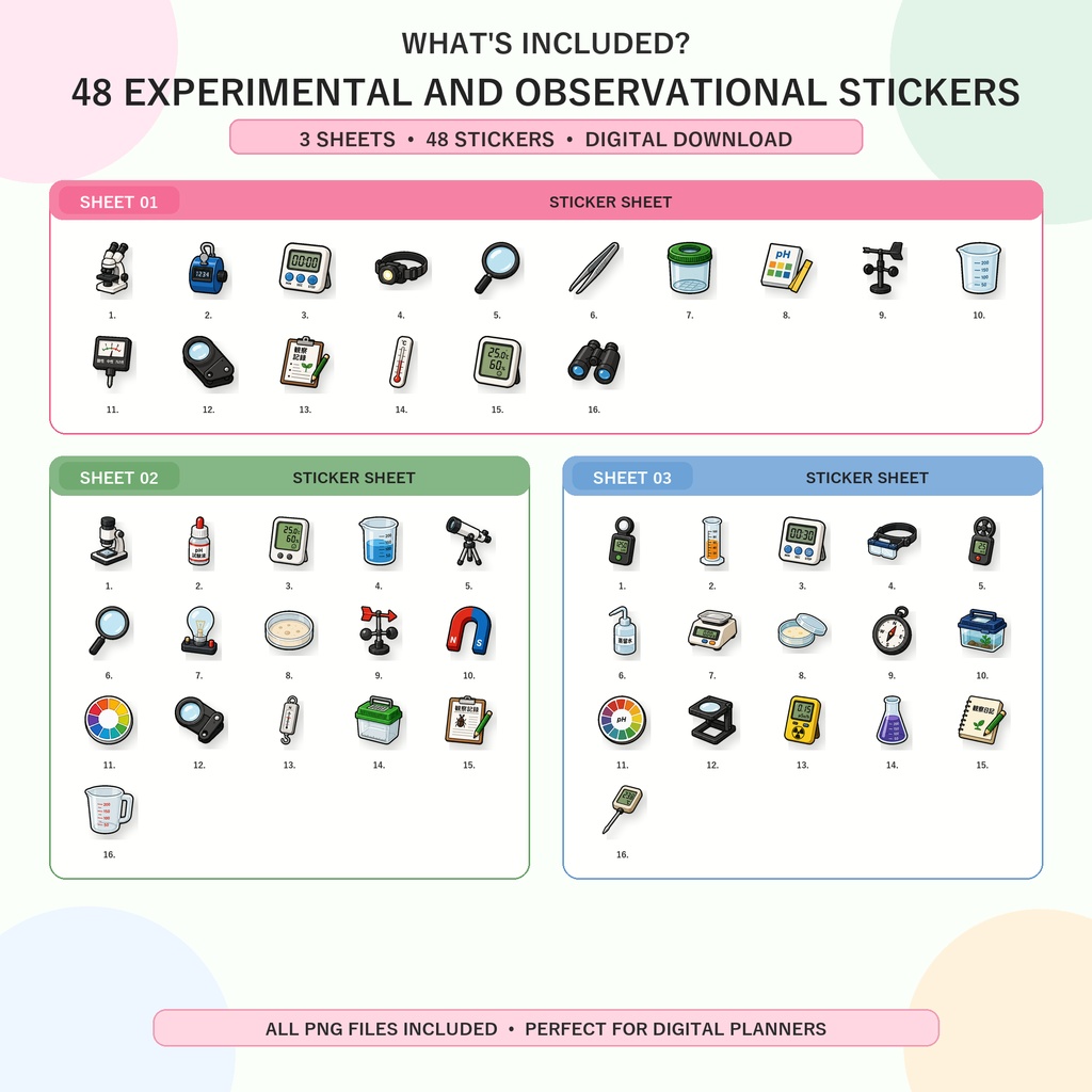 実験・観察器具 デジタルステッカー48枚 理科 ラボ用品 研究 観察日記 GoodNotes Notability対応 PNG素材
