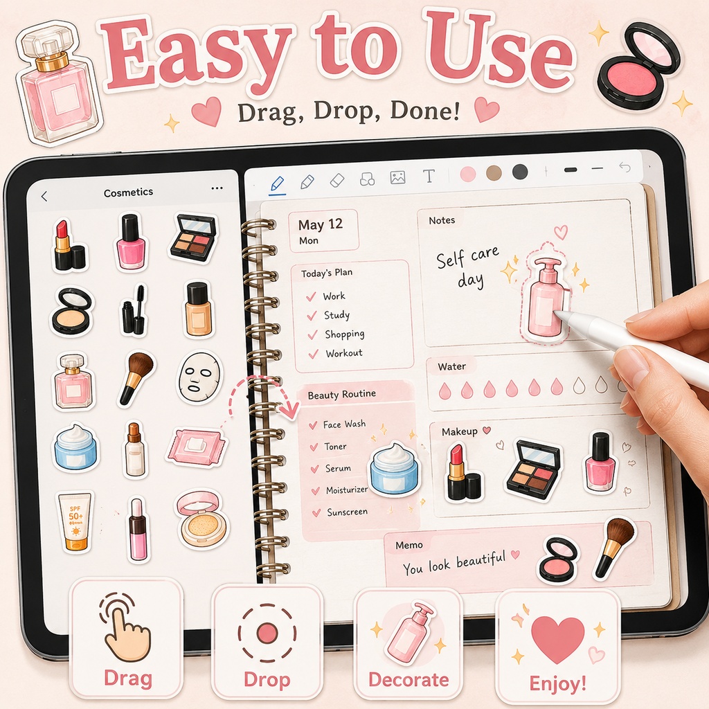 化粧品デジタルステッカー76枚 コスメ メイク スキンケア GoodNotes Notability 手帳デコ PNG素材