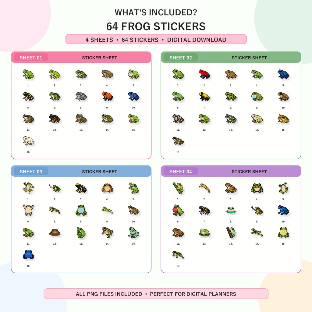 カエル デジタルステッカー 64枚 PNG GoodNotes Notability対応 手帳 ノート 日記 スクラップブック デコ素材