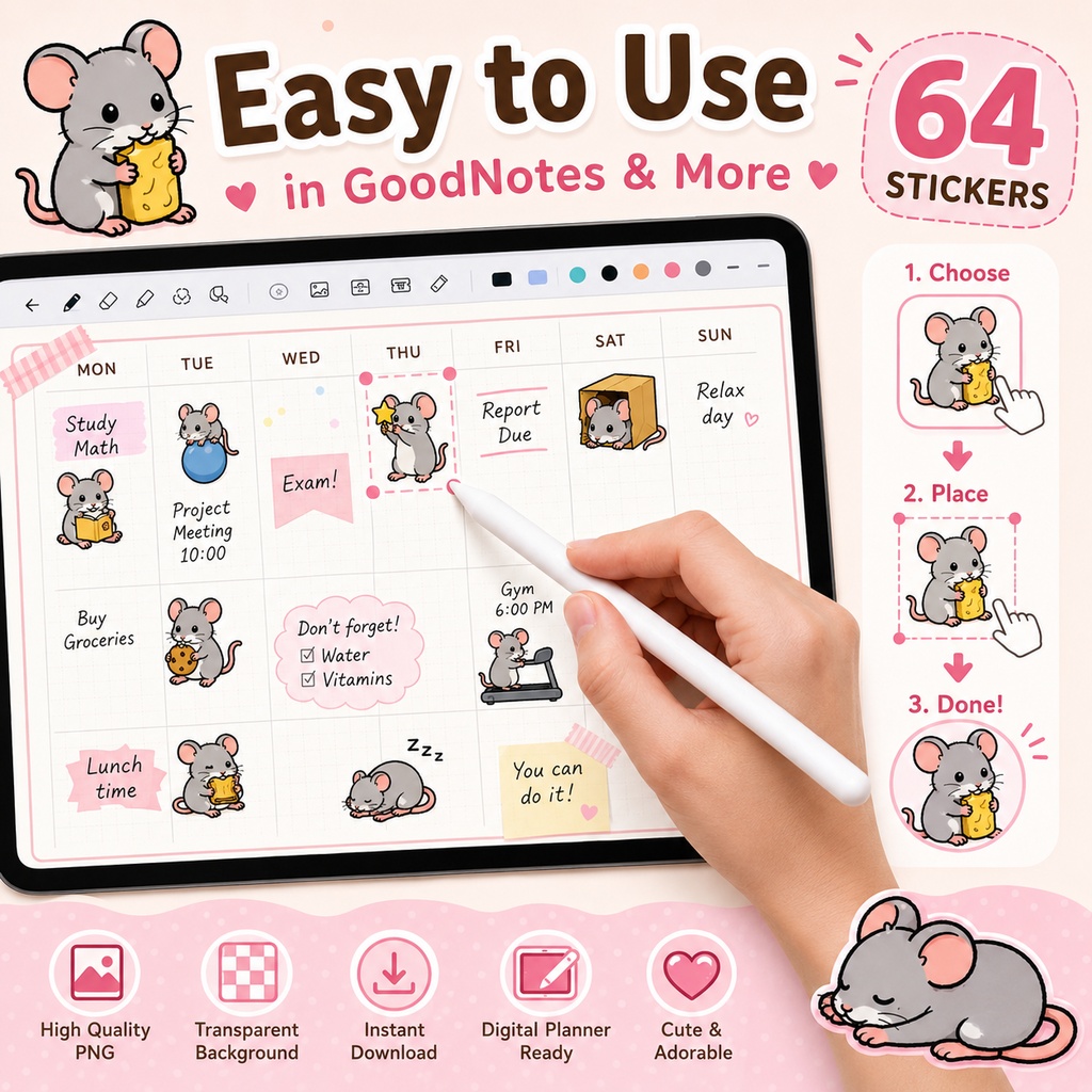ねずみデジタルステッカー64枚 GoodNotes対応 かわいいマウスイラスト 手帳デコ 日記 ノート スケジュール PNG素材