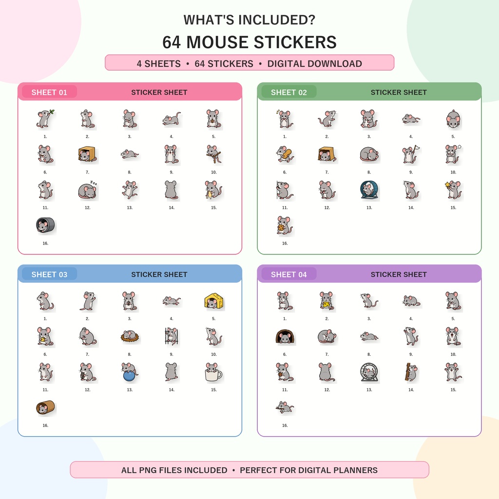ねずみデジタルステッカー64枚 GoodNotes対応 かわいいマウスイラスト 手帳デコ 日記 ノート スケジュール PNG素材
