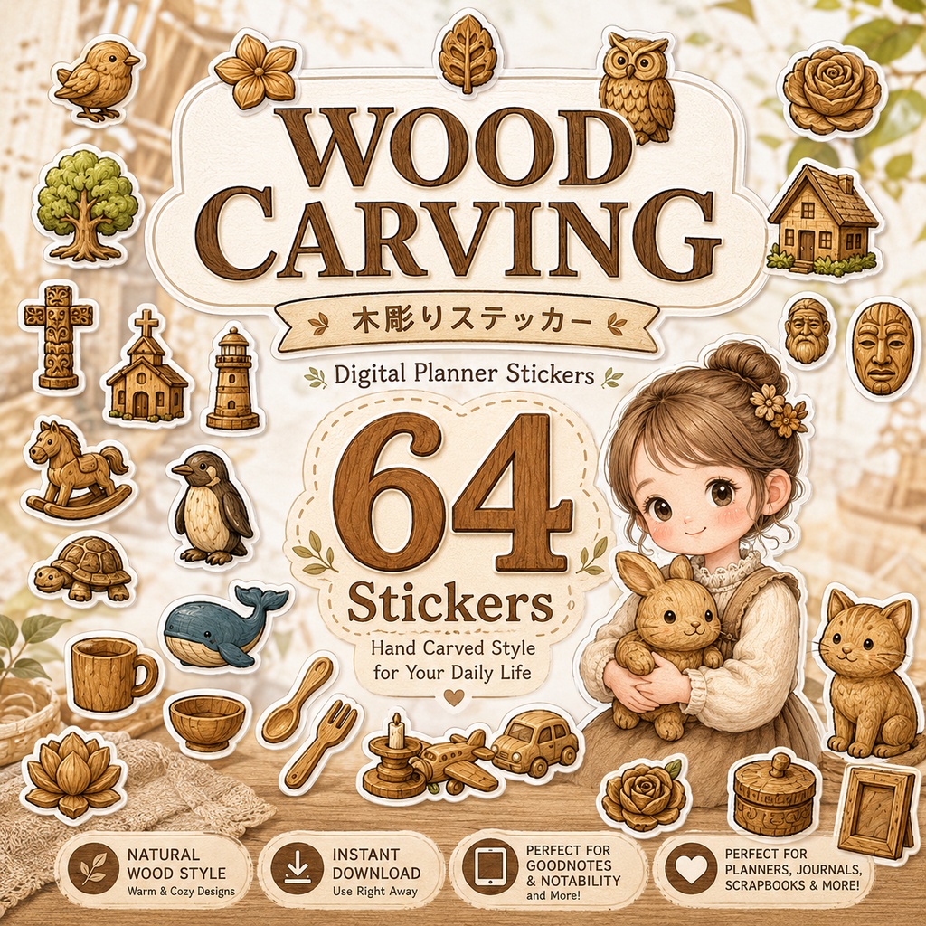 木彫り風デジタルステッカー64枚 木製アイコン 動物 花 建物 食器 おもちゃ ナチュラル 手帳デコ GoodNotes対応 PNG素材
