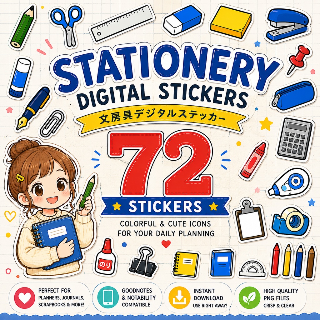 文房具デジタルステッカー72枚 学用品とオフィス用品 GoodNotes・Notability対応 手帳デコ PNG素材