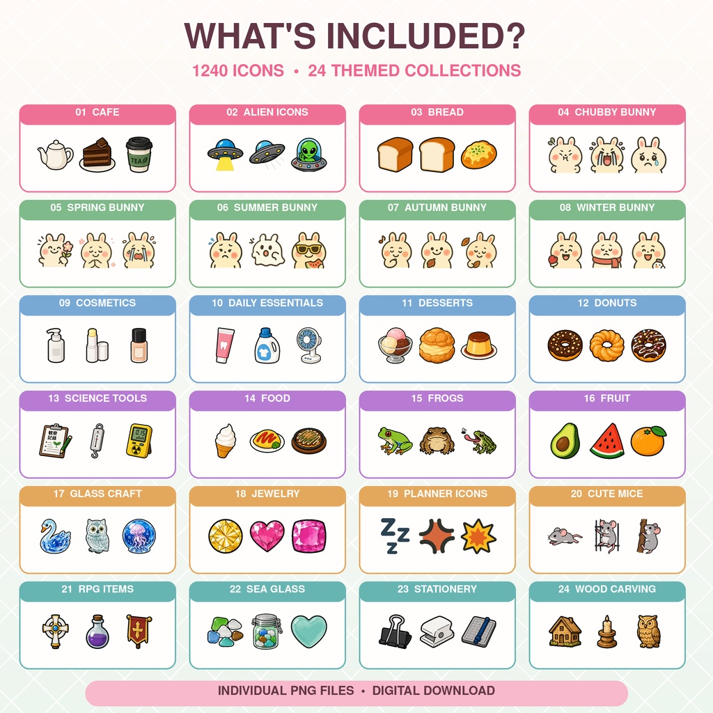 1240枚 Planner Icons Set アイコンセット PNGデジタルステッカー 56テーマ 透明PNG 長辺最大1000px GoodNotes Notability対応