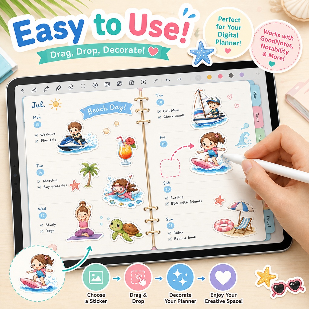 マリンスポーツ デジタルステッカー40枚 夏 ビーチ サーフィン GoodNotes Notability対応 PNGデータ