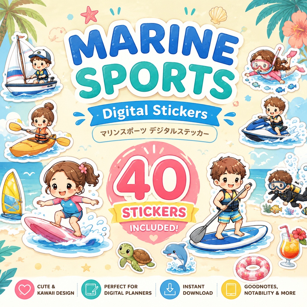 マリンスポーツ デジタルステッカー40枚 夏 ビーチ サーフィン GoodNotes Notability対応 PNGデータ