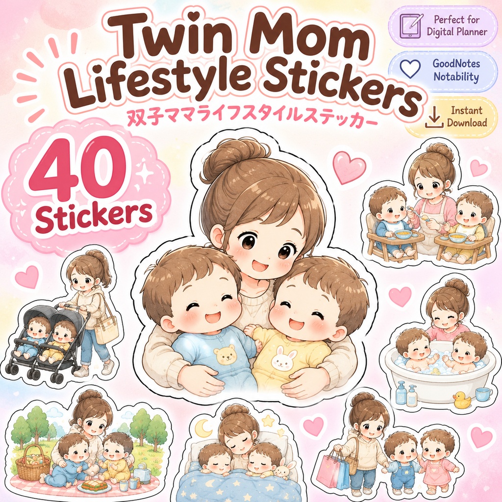 Twin Mom Lifestyle Stickers 双子ママライフスタイルステッカー デジタルプランナー GoodNotes Notability対応 全40枚