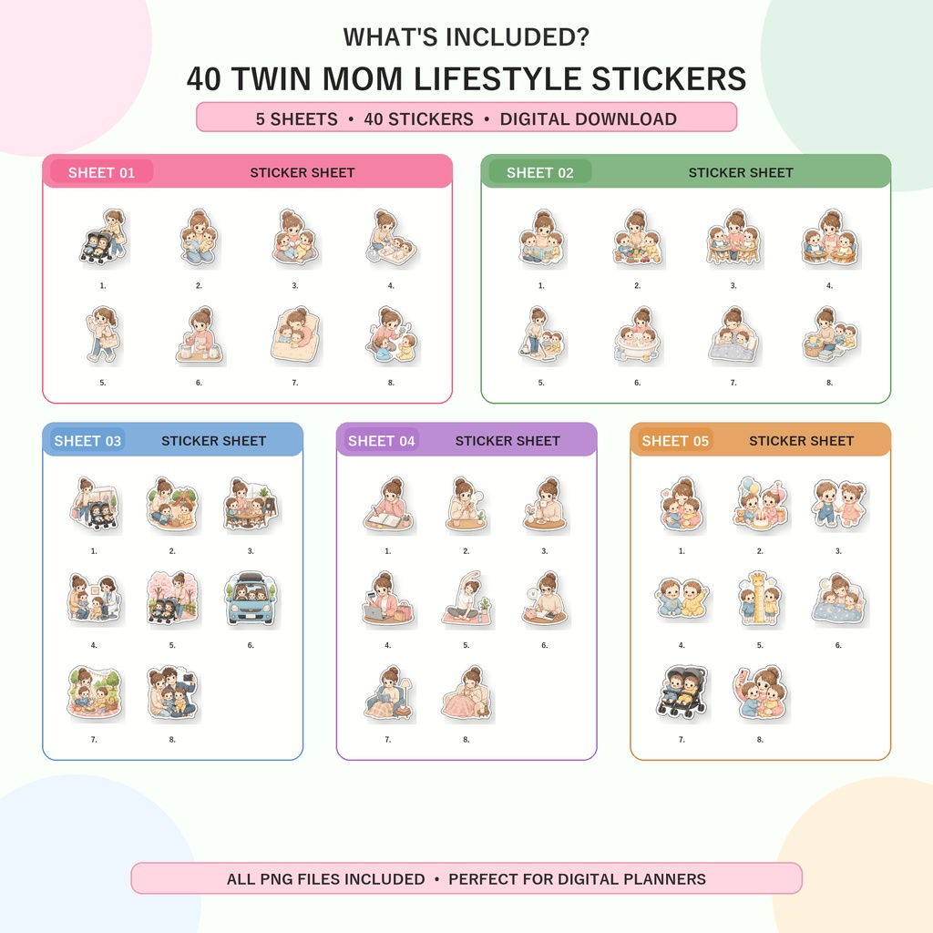Twin Mom Lifestyle Stickers 双子ママライフスタイルステッカー デジタルプランナー GoodNotes Notability対応 全40枚