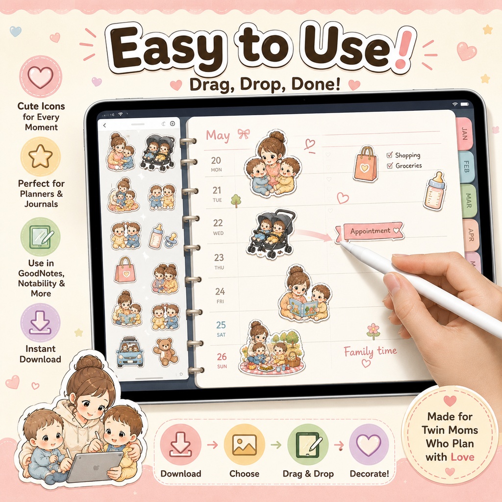 Twin Mom Lifestyle Stickers 双子ママライフスタイルステッカー デジタルプランナー GoodNotes Notability対応 全40枚