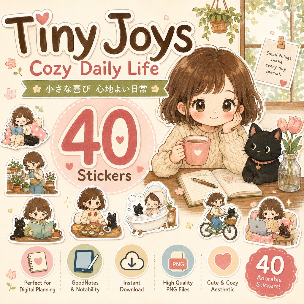 Tiny Joys 小さな喜び 心地よい日常 デジタルステッカー40枚 女の子と黒猫 GoodNotes Notability 手帳デコ PNG
