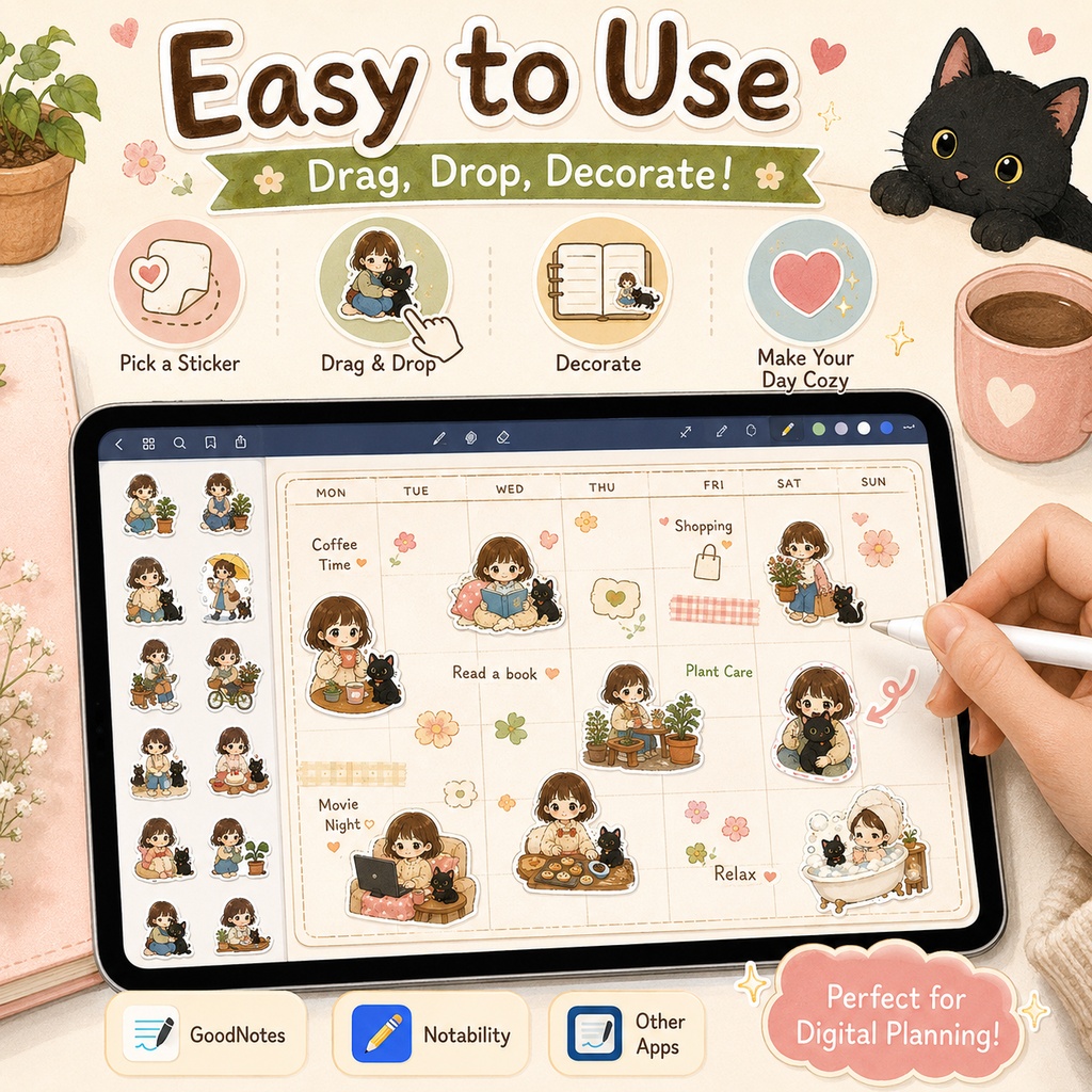 Tiny Joys 小さな喜び 心地よい日常 デジタルステッカー40枚 女の子と黒猫 GoodNotes Notability 手帳デコ PNG