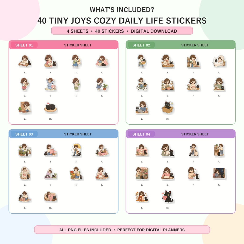 Tiny Joys 小さな喜び 心地よい日常 デジタルステッカー40枚 女の子と黒猫 GoodNotes Notability 手帳デコ PNG