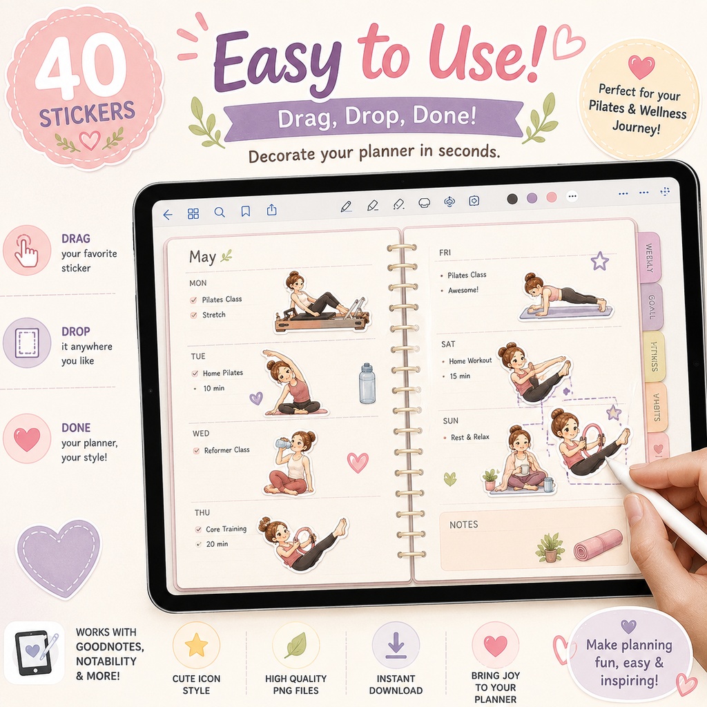 ピラティスデイリープランナーステッカー GoodNotes対応 デジタル手帳 運動記録 習慣管理 iPad用 全40枚