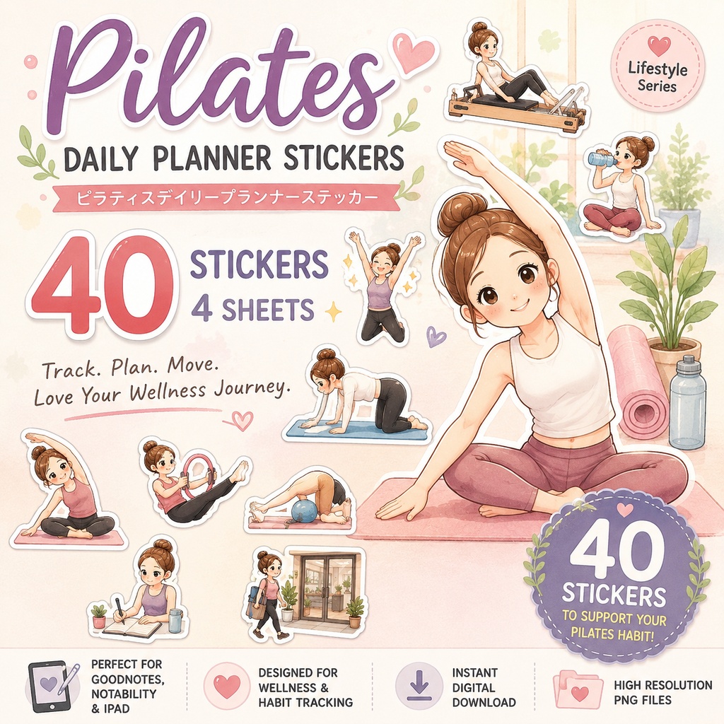ピラティスデイリープランナーステッカー GoodNotes対応 デジタル手帳 運動記録 習慣管理 iPad用 全40枚