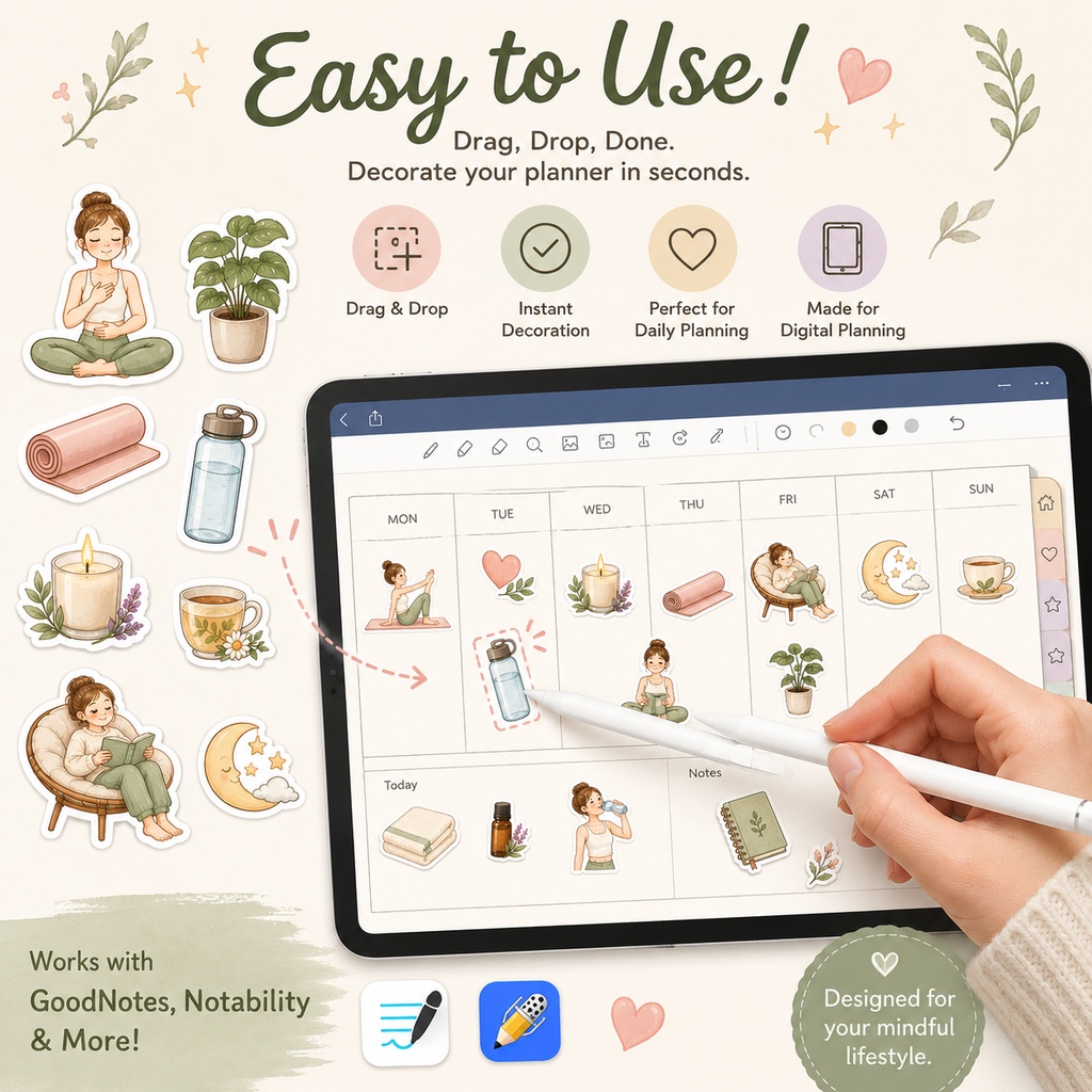 セルフケアピラティスデジタルステッカー40枚|GoodNotes・Notability対応|ウェルネス・健康習慣・デジタル手帳用