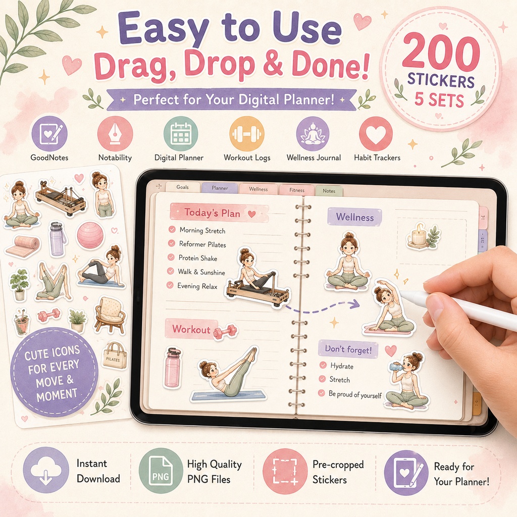 ピラティス コンプリート セット デジタルステッカー200枚 GoodNotes対応 ピラティス ウェルネス リフォーマー iPadプランナー