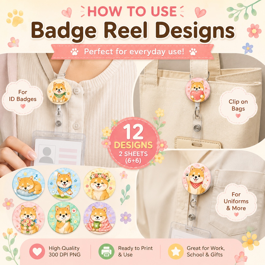 かわいい柴犬 Badge Reel Designs 全12種 PNG素材 バッジリール用デジタルデザイン 商用利用OK