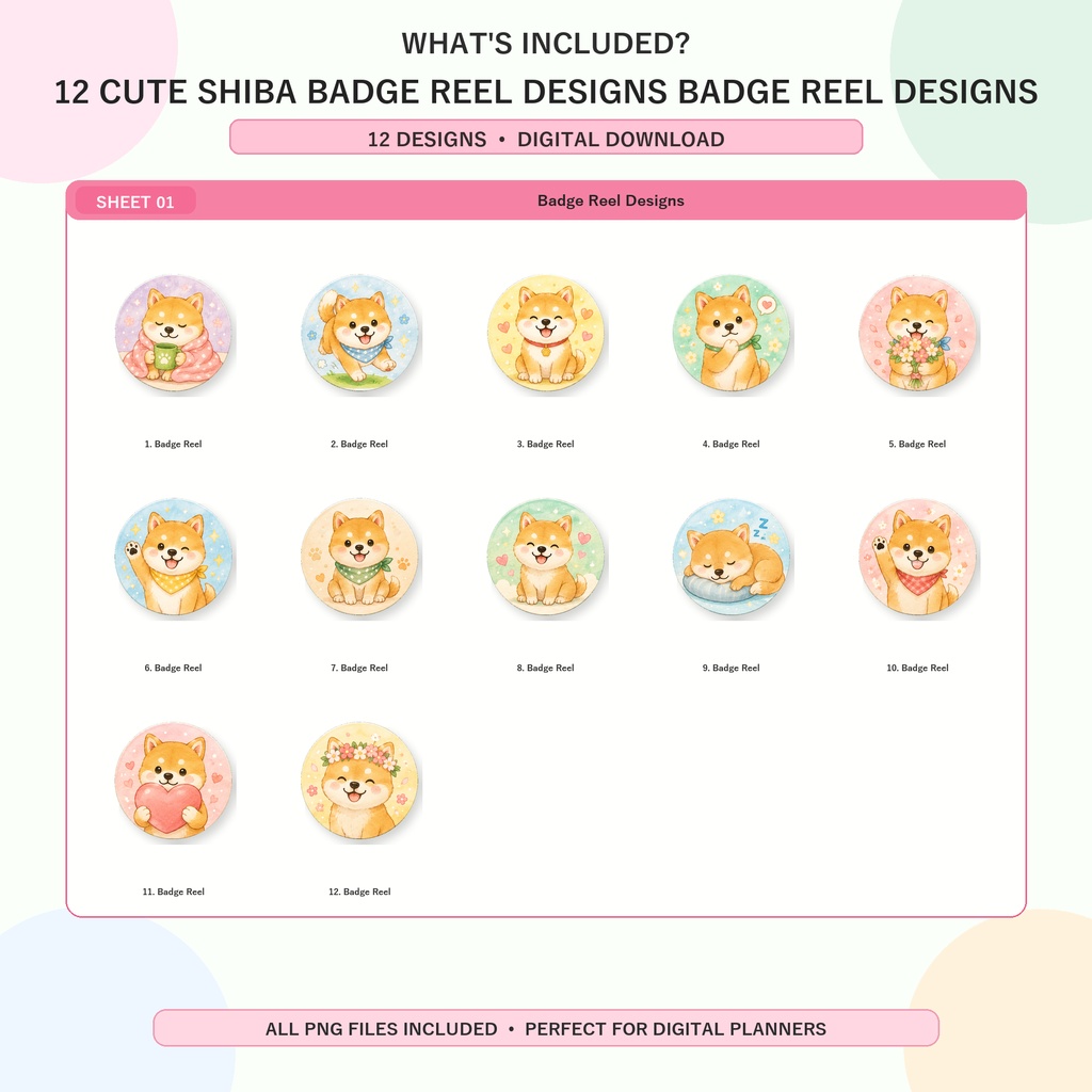 かわいい柴犬 Badge Reel Designs 全12種 PNG素材 バッジリール用デジタルデザイン 商用利用OK