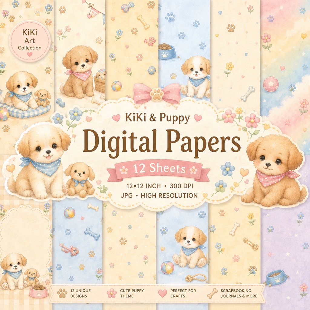 ふんわり子犬のデジタルペーパー12枚セット|12×12インチ・300dpi・JPG|スクラップブック・ジャーナル素材