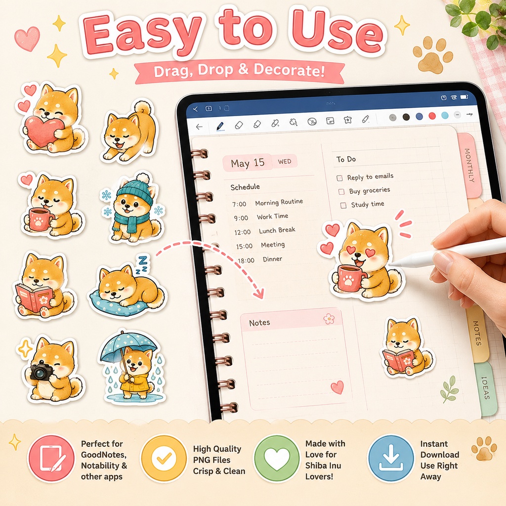 かわいい柴犬の表情デジタルステッカー40枚 GoodNotes Notability iPad対応 手帳デコ 日記 デジタルプランナー
