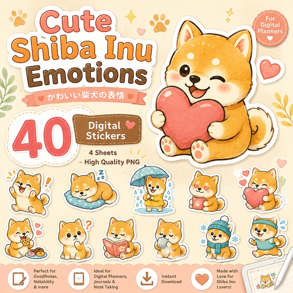 かわいい柴犬の表情デジタルステッカー40枚 GoodNotes Notability iPad対応 手帳デコ 日記 デジタルプランナー