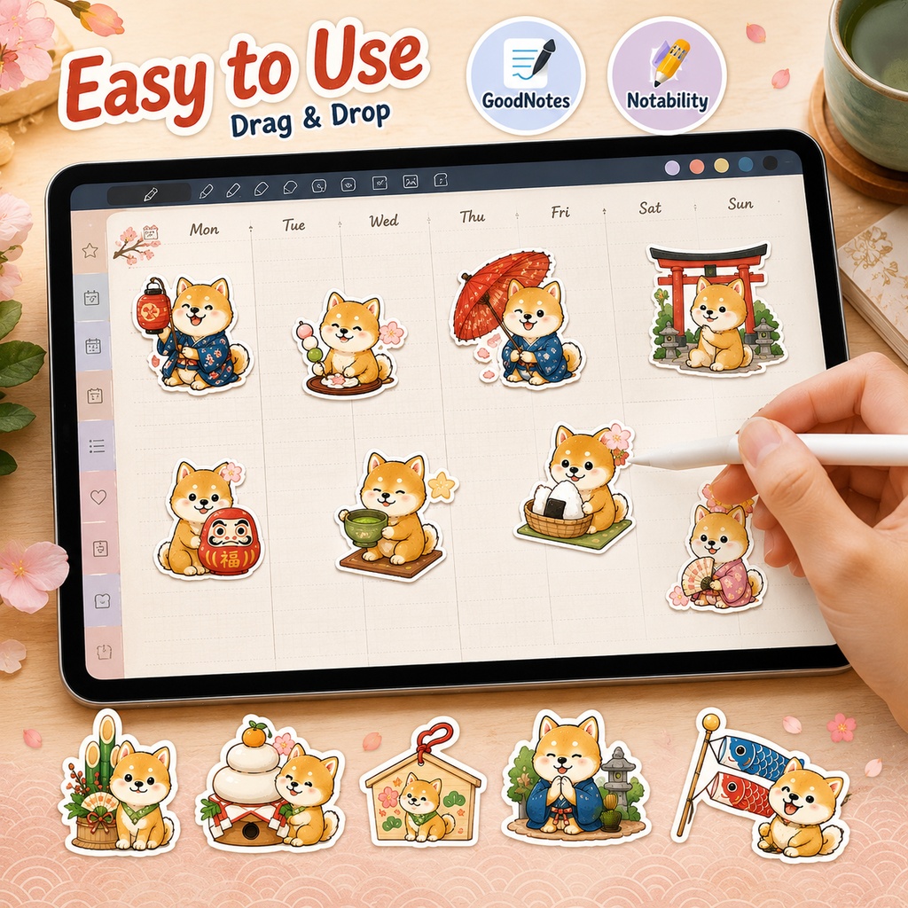 和風柴犬デジタルステッカー40枚 日本文化 四季 GoodNotes Notability iPad対応 デジタル手帳 PNG素材
