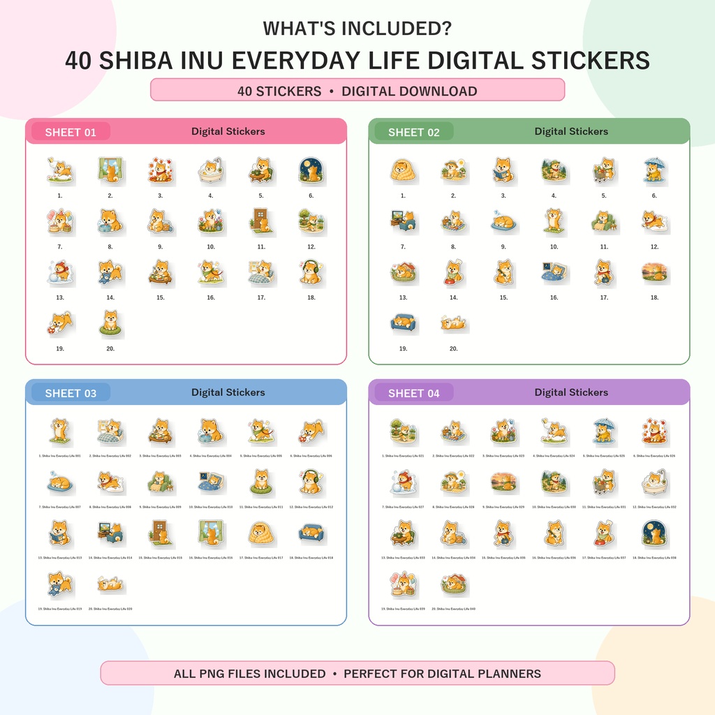柴犬の日常デジタルステッカー40枚 GoodNotes Notability対応 iPad 手帳デコ ライフログ PNG素材