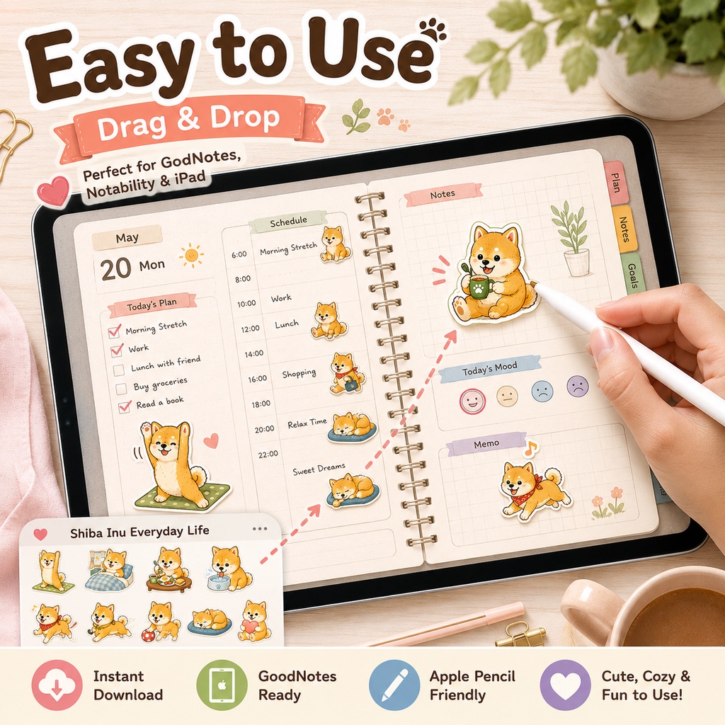 柴犬の日常デジタルステッカー40枚 GoodNotes Notability対応 iPad 手帳デコ ライフログ PNG素材